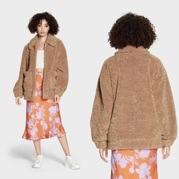 UGG Kaley Jackeline Camel Teddy Bear Oversized Jacket Zip Up Fur Coat Size Small - Picture 3 of 10